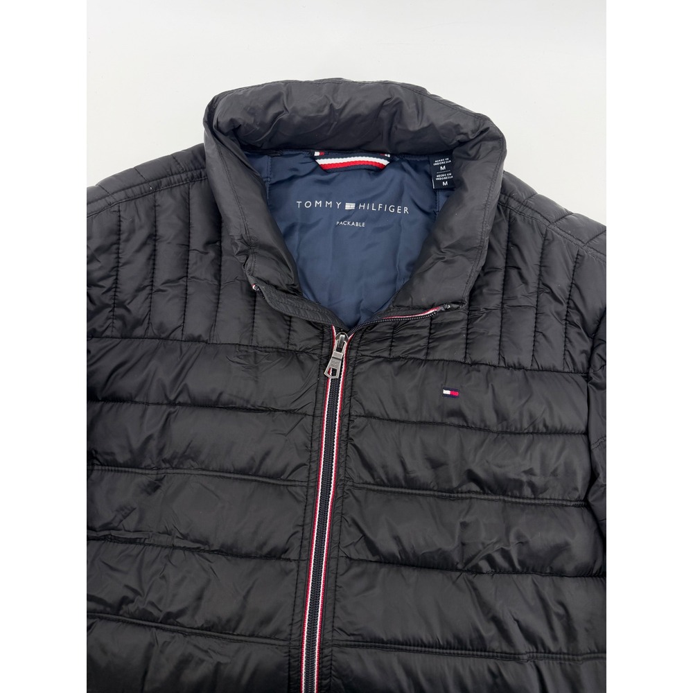 Tommy Hilfiger Mens Packable Puffer Jacket Black Quilted Full Zip Coat Size M